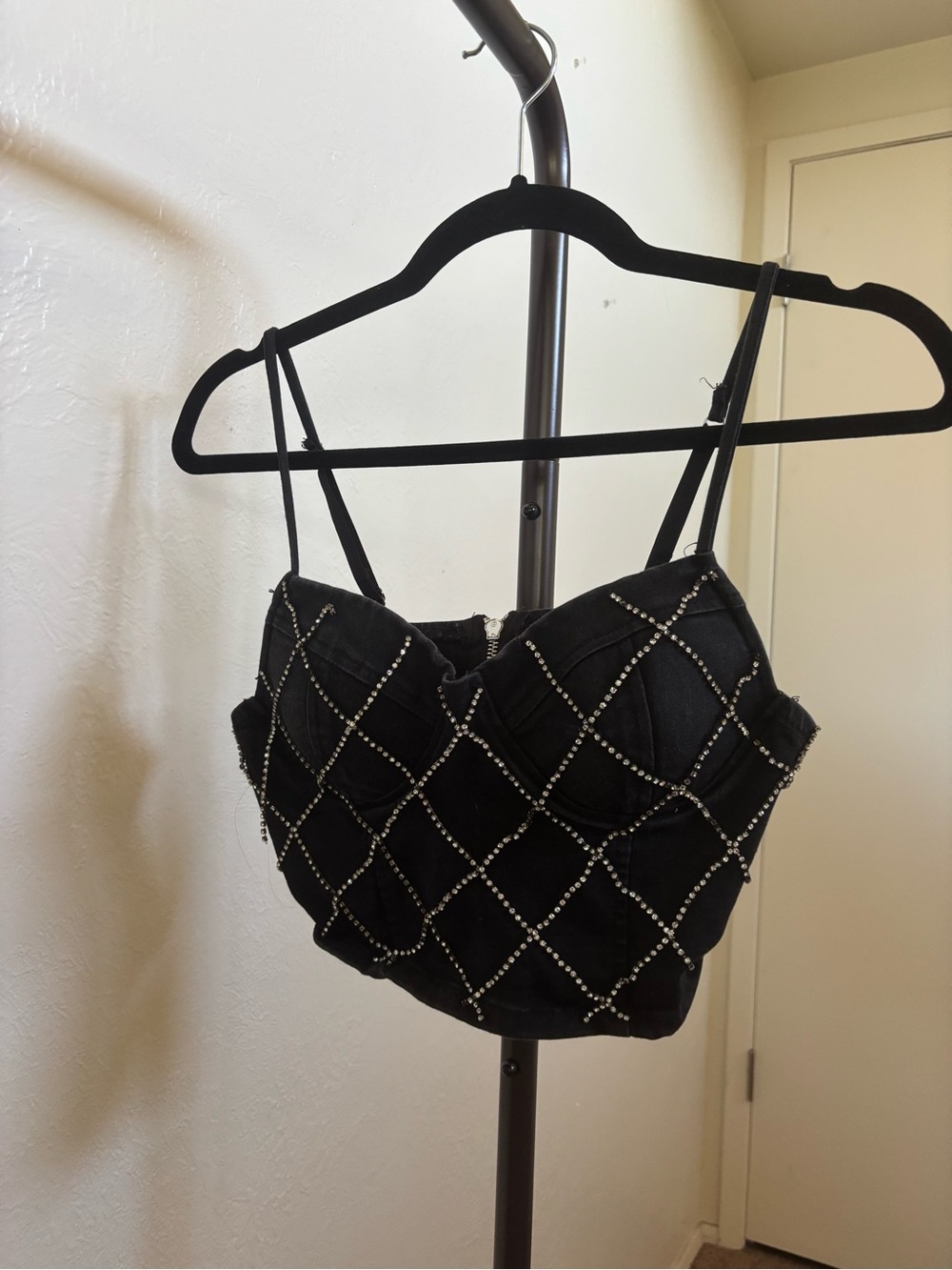 Black Rhinestone Grid Bustier Crop Top